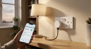Smart plug operating away mode light scheduling for home security during evening hours.