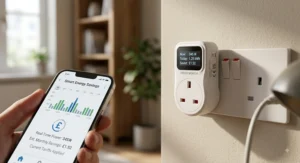Smart plug with energy monitoring capabilities showing real time power usage and savings in pounds.