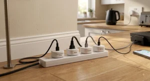 Multiple UK smart plugs plugged into an extension lead to control separate appliances independently.