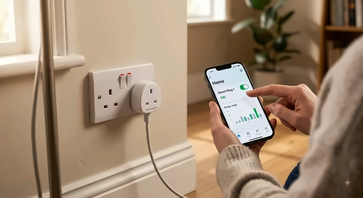 A UK three pin smart plug inserted into a wall socket and controlled via smartphone app. best smart plug