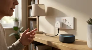 Smart plug responding to voice control commands via a smart home assistant speaker.