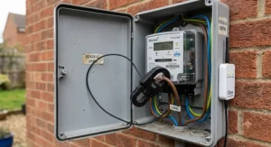 CT clamp-on energy monitor fitted to a UK electricity meter box to track energy usage