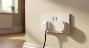 Slim design smart plug fitted into a standard UK double socket without obstructing adjacent switches.