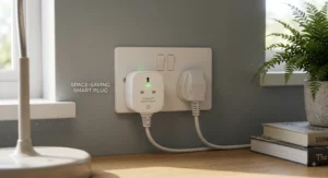 Demonstration of space saved on a double UK wall socket using a compact smart plug alongside a standard plug.