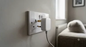 Close-up of a three-pin mini smart plug designed for tight UK plug sockets.