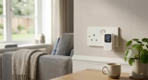 Compact smart plug with energy monitoring fitted into a double wall socket without blocking the adjacent switch