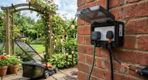 Two-gang smart outdoor plug powering garden spike lights and a lawnmower