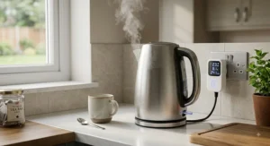 Smart plug with energy monitoring measuring power usage of an electric kettle on a kitchen counter