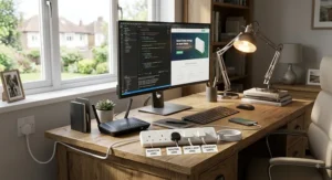 A four-gang UK smart extension lead powering a computer monitor, router, and desk lamp in a home office.