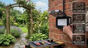 Step-by-step installation guide fitting a weatherproof smart socket to an exterior brick wall