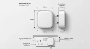 Diagram showing the dimensions of a mini smart plug designed to fit tight sockets.
