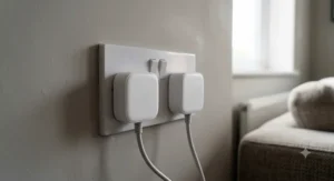 Two mini smart plugs fitted side-by-side in a tight UK twin socket power point.