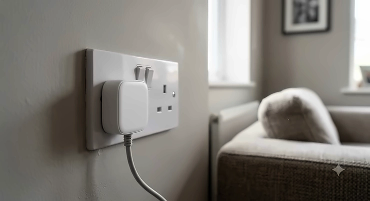 Compact mini smart plug fitted into a tight standard UK double wall socket without blocking the adjacent switch.