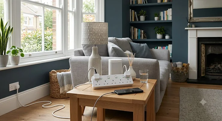 Multi socket smart extension lead with individually controlled British three-pin plugs in a modern UK living room