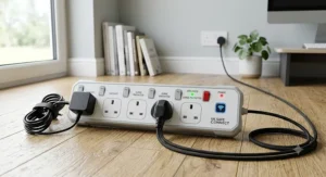 Surge protected multi socket smart extension power strip showing LED status indicators for home safety