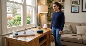Multi socket smart extension lead being controlled via smart speaker voice commands in a British home
