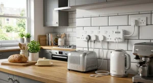 Wall-mounted multi socket smart extension gang plug installed securely in a kitchen workspace