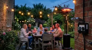 Patio heater and festoon lights powered by a smart outdoor plug during an evening garden gathering