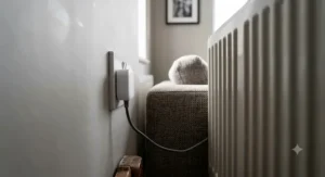 Slim mini smart plug used behind a living room sofa in a tight socket clearance area.