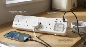 A smart extension lead highlighting integrated USB ports, independent socket controls, and surge protection.