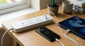 Close-up of a multi socket smart extension featuring integrated USB ports charging a mobile phone and tablet