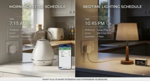 Infographic showing timer schedules set on a smart plug for a morning kettle and bedtime lighting.