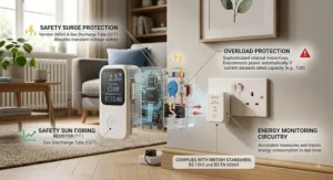 Diagram showing safety surge protection and energy monitoring features of a British standard smart plug