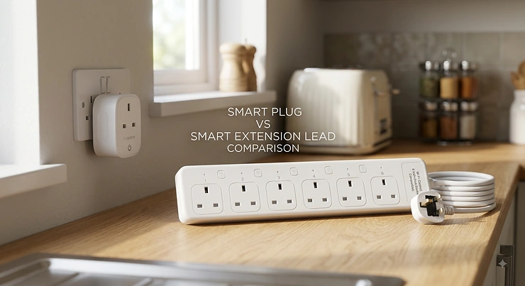 A side-by-side comparison of a single UK three-pin smart plug and a multi-socket smart extension lead. smart plug vs smart extension lead