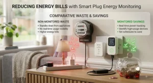Illustration comparing standby power waste and energy savings achieved using a smart plug with energy monitoring