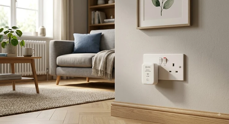 Smart plug with energy monitoring plugged into a standard British three-pin wall socket in a modern UK living room
