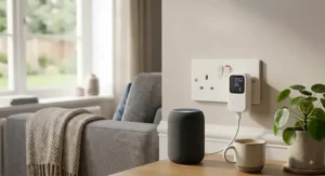 Smart plug with energy monitoring paired with a smart home voice assistant speaker