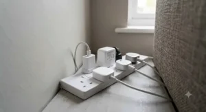 Space-saving mini smart plug inserted into a fully loaded UK extension lead in a tight corner.