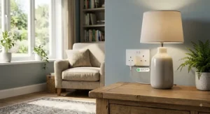 A single UK smart plug connected to a wall socket controlling a table lamp in a living room.