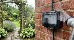 IP66 rated outdoor smart socket undergoing rain testing in a UK back garden setting
