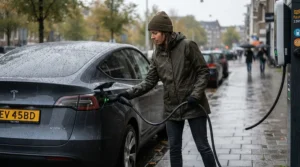 A driver plugging in their electric vehicle during a rainy afternoon, debating a 7kW vs 22kW home EV charger.