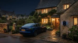 A family car parked overnight while plugged into a 7kW vs 22kW home EV charger on a terraced house street.