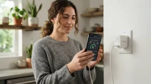 A smartphone screen displaying charging stats next to a 7kW vs 22kW home EV charger unit on a brick wall.