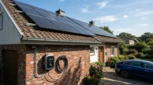 A modern eco-friendly home featuring rooftop solar panels and a 7kW vs 22kW home EV charger.