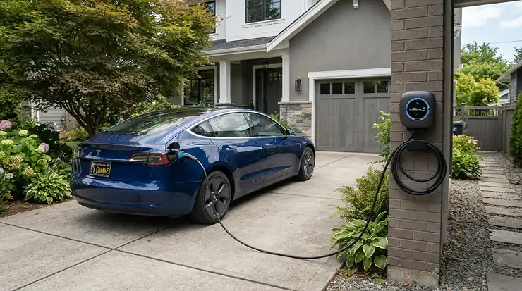 A modern 7kW vs 22kW home EV charger installed on a suburban driveway in England, illustrating charging speed differences.