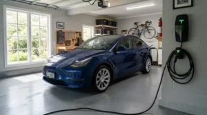 A three-phase supply setup powering a 7kW vs 22kW home EV charger inside a spacious double garage.