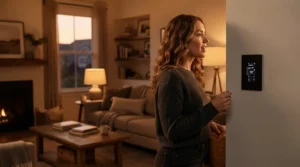 A person using voice commands with an Alexa compatible in-wall smart switch in a modern lounge.