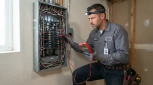 An electrician checking fuse box wiring to ensure compliance before fitting the best home EV charger.