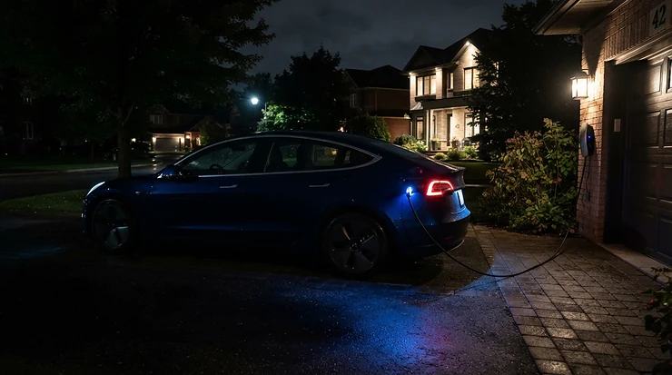 A vehicle plugged in overnight to take advantage of low off-peak rates using the best home EV charger.