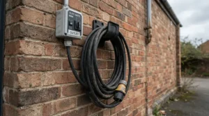 A neat tethered lead wrapped securely around the housing of the best home EV charger on an exterior wall.
