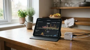 Display screen showing live data linked from a whole home energy monitor clamp on the mains