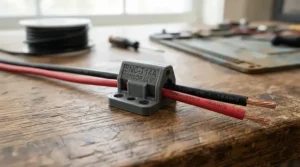 Compact whole home energy monitor clamp resting next to residential electrical wiring