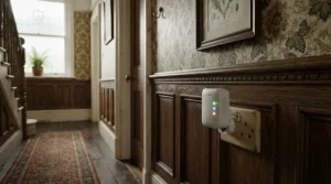 Compact home energy monitor for solar panels plugged into a socket in a traditional British property