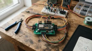 A compact smart relay module shown with wiring connections for DIY home improvement.