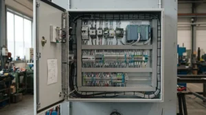 A DIN rail smart relay module wired into a commercial distribution board setup.