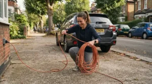 A motorist carefully packing away a portable EV charger cable after roadside trickle charging